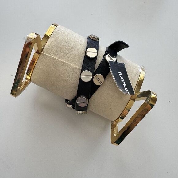 Express Black Faux Leather Bracelet Double Gold Screw Stud Wrap Belt Buckle NEW - Picture 3 of 4